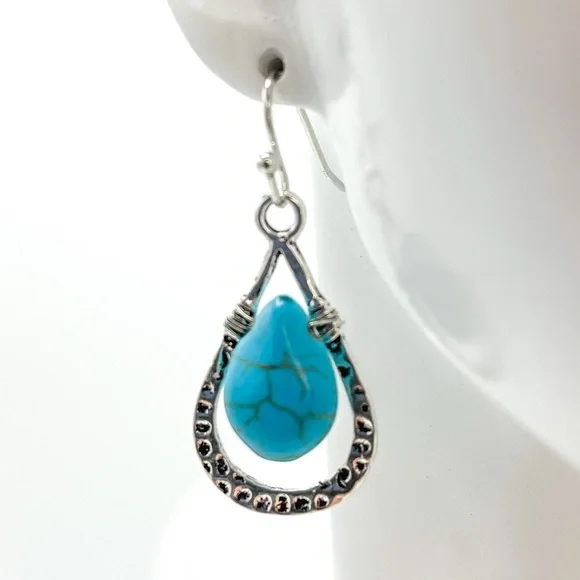 Boho Chic Festival Faux Turquoise and silver tone dangle earrings - Picture 2 of 6